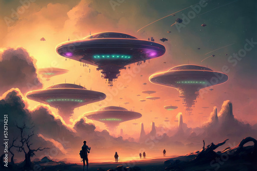 UFO  an alien ship hovering motionless in the air. Unidentified flying object  alien invasion  extraterrestrial life  space travel  made with Generative AI