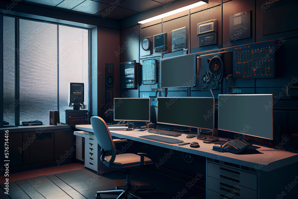 Regulation of Safety inside of a cctv room showing many monitors broadcasting footage from cameras ,made with Generative AI Regulation of Safety inside of a cctv room showing many monitors broadcasting footage from cameras ,made with Generative AI
