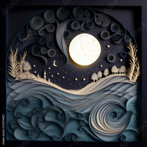 Forest at night with moon background in paper cut art style ,made with Generative AI