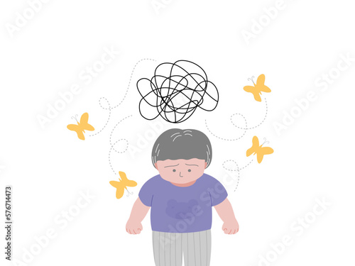 ADHD kid with stress emotion sign and butterflies, flat vector illustration.