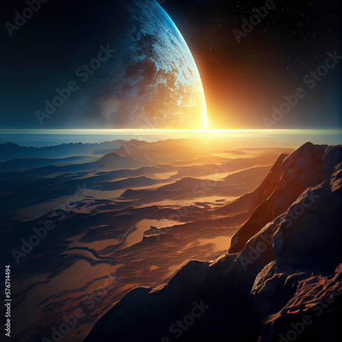 Sunrise over and frozen alien planet in space, fantasy world