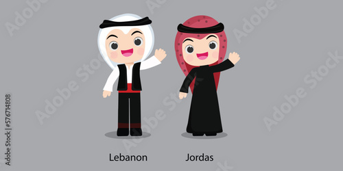 Lebanon in national dress with a flag.  woman in traditional costume. Travel to Jordas. People. Vector flat illustration.