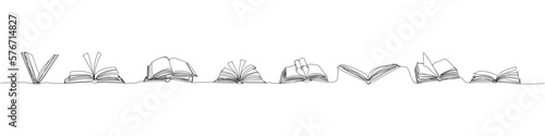 A set of several open books with protruding pages one line art. Continuous line drawing of book, library, education, school, study, literature, paper, textbook, knowledge, read, learn page reading