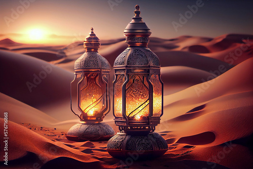 Realistic ilustration. Ramadan lanterns in desert background at sunset. Generative ai