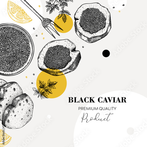 Black caviar canape with lemons and spices banner design. Canned seafood sketches. Vector illustration in collage style.