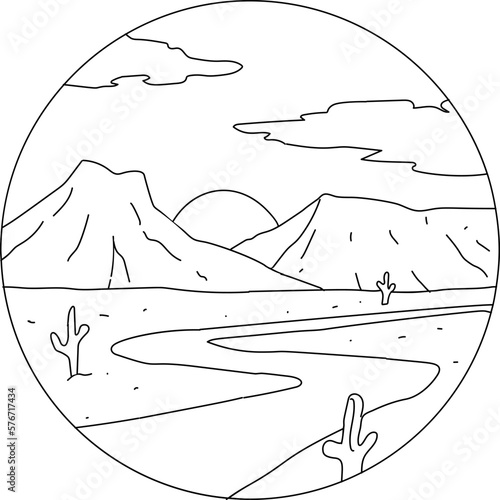 Landscape with desert road with cacti on a background of mountains with the sun and clouds inside the circle