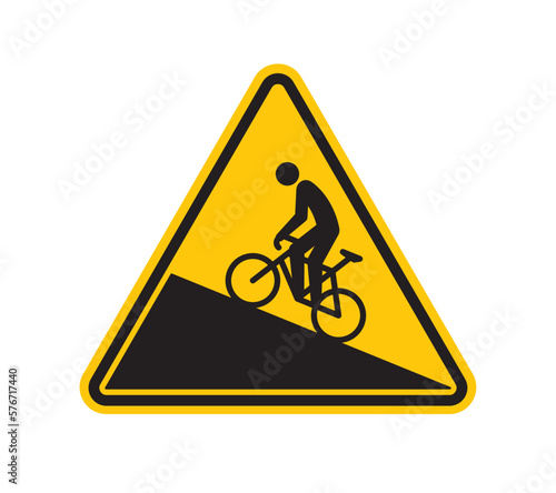 Vector yellow triangle climb sign. Silhouette of a cyclist riding uphill. Isolated on white background.