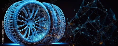 Bright mesh car wheel with lightspot effect. wire carcass polygo Generative AI photo