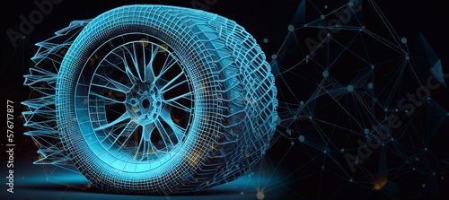 Bright mesh car wheel with lightspot effect. wire carcass polygo Generative AI photo