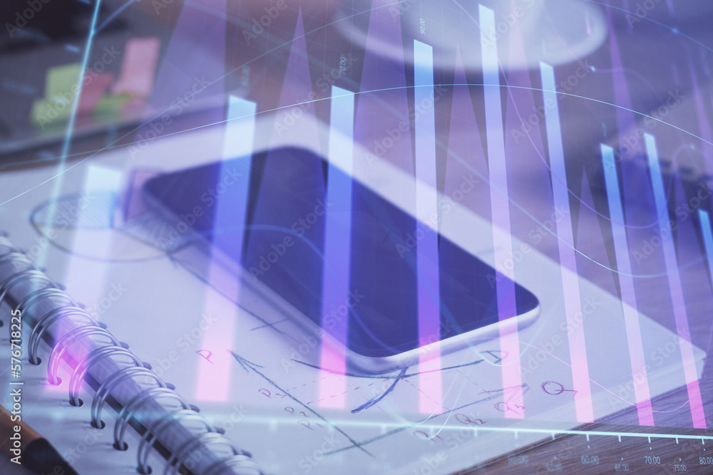Double exposure of forex chart drawing and cell phone background. Concept of financial data analysis Double exposure of forex chart drawing and cell phone background. Concept of financial data analysis