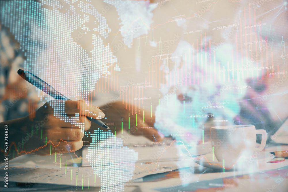 Double exposure of forex graph drawing over people taking notes background. Concept of financial analysis Double exposure of forex graph drawing over people taking notes background. Concept of financial analysis