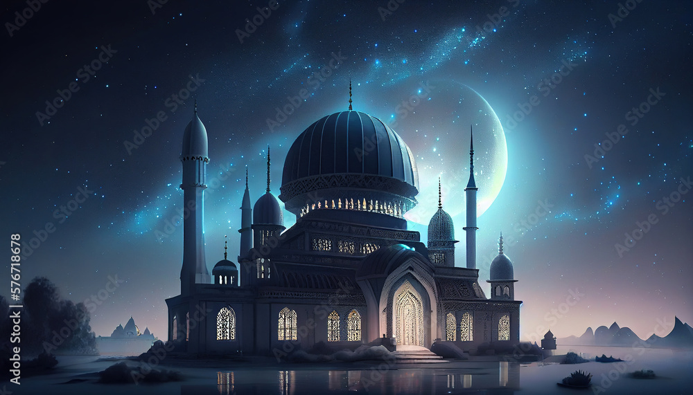 Realistic eid al-fitr mosque illustration background. Generative AI.