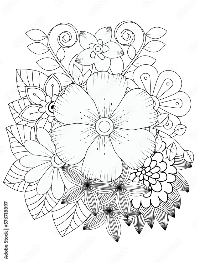 Flower coloring book page for adult and kids. Cute doodle composition with abstract flowers and leaves.