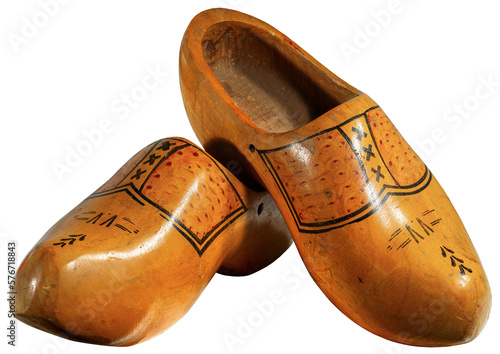 Fototapeta Close-up of a pair of wooden clogs made in Netherlands, isolated on white or transparent background, png, photography
