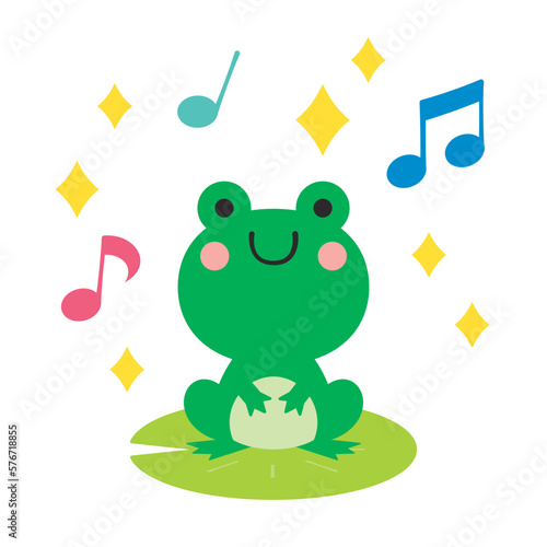 蓮の葉の上で歌うカエルのイラスト