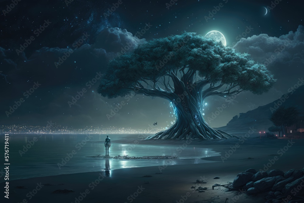 fantastic night scene with small lights in the distance and a man standing alone with the moon in the sky and a mysterious giant tree. With a lot of blue lights in the scene, generative ai