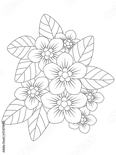 Flower coloring book page for adult and kids. Cute doodle composition with abstract flowers and leaves.