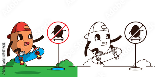 Cartoon doodle vector illustration for holiday Chicken Egg teenager on skateboard and in baseball cap jumping in park near the prohibition road sign of jumping. Coloring book page. cute character. Kid
