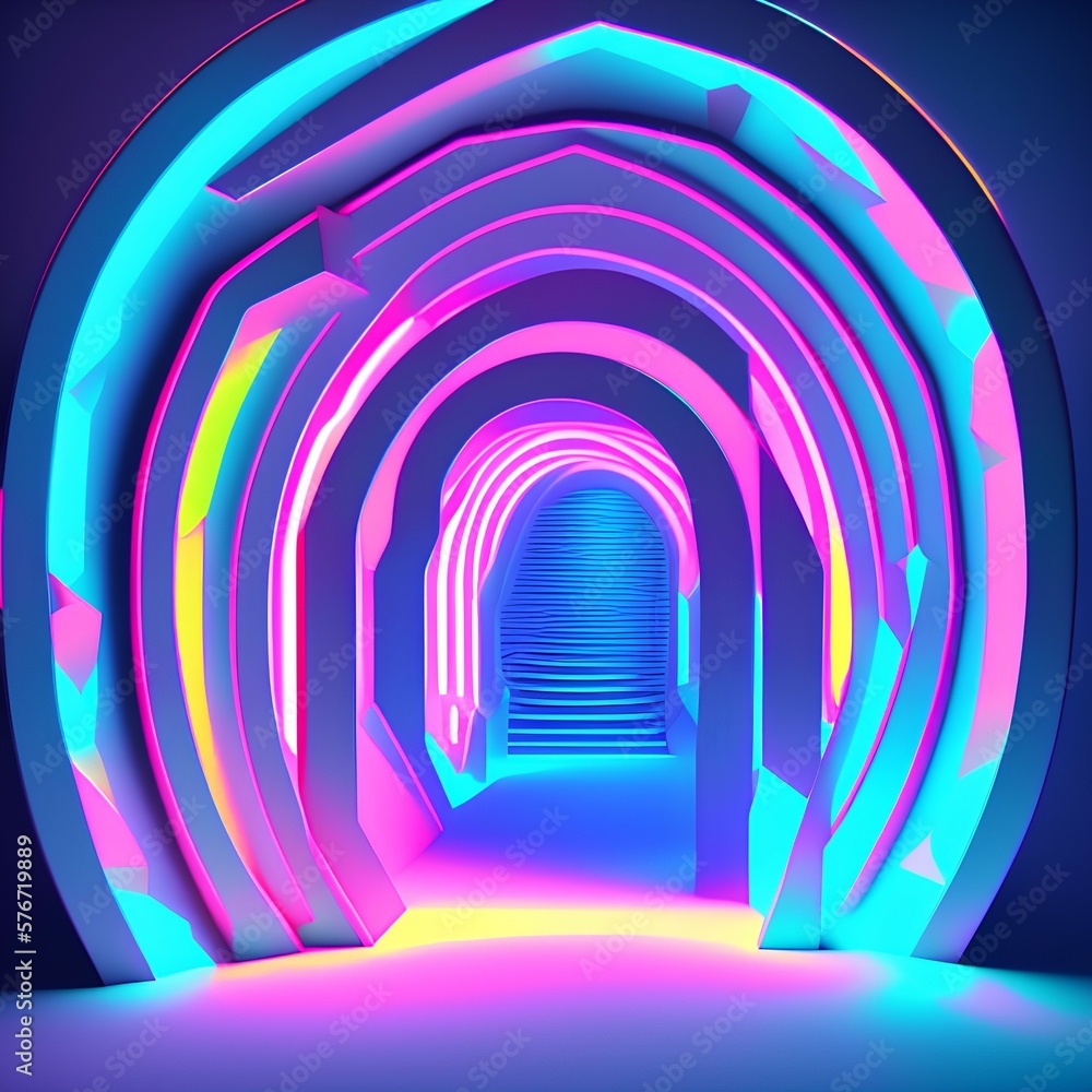 Naklejka premium 3d rendering. Geometric shape in neon light against a dark tunnel. Laser line glow. neon backgrounds - generative ai