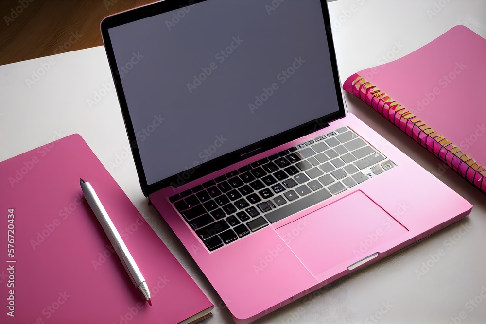Modern header, top view image or banner with laptop computer, smartphone, air plant, open notebook and feminine accessories on bright blush background, home office scene, flat lay. Generative AI Modern header, top view image or banner with laptop computer, smartphone, air plant, open notebook and feminine accessories on bright blush background, home office scene, flat lay. Generative AI
