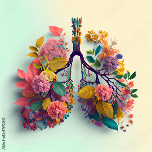 Nature's Lungs: An Illustration of Breathing in Colorful Flowers. Generative AI