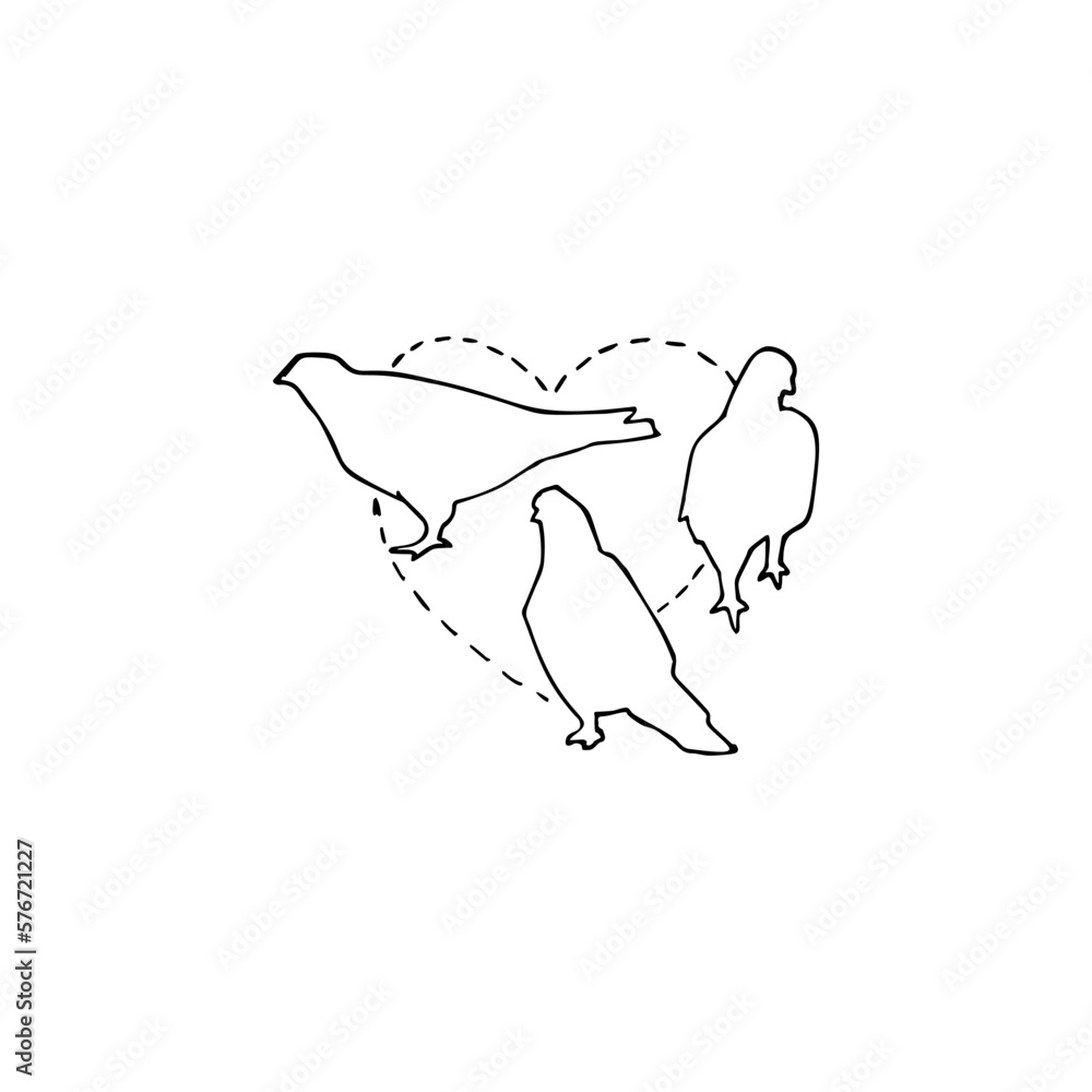 Fototapeta premium Silhouettes of pigeons, heart illustration vector icon