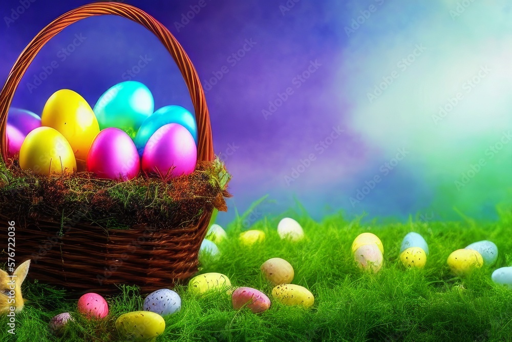 basket with Easter eggs. Photo theme - Easter cute bunny fantasy art GENERATIVE AI