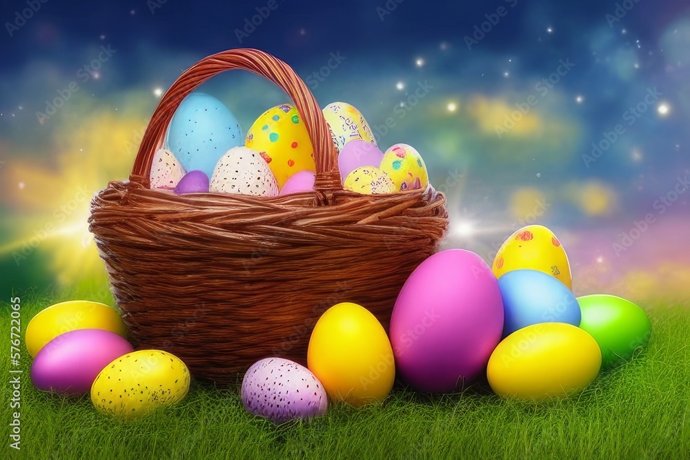 basket with Easter eggs. Photo theme - Easter cute bunny fantasy art GENERATIVE AI basket with Easter eggs. Photo theme - Easter cute bunny fantasy art GENERATIVE AI