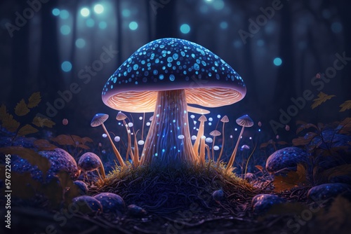 Magic mushroom in the forest glowing in the night, generative ai