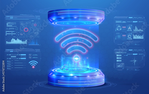 A hologram, a projection of a wi-fi icon on a futuristic podium with various graphics and HUD-style data. Wi Fi symbol, wireless networking digital hi tech innovation. Vector illustration