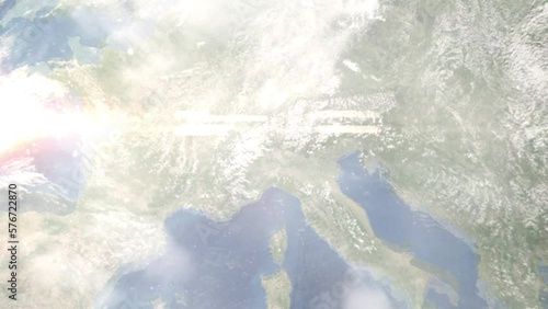 Earth zoom in from outer space to city. Zooming on Legnano, Milan, Italy. The animation continues by zoom out through clouds and atmosphere into space. Images from NASA