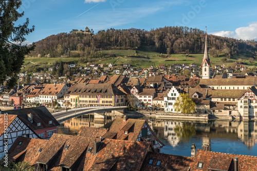 View over the Rhine to the old town of Stein am Rhein with St. Georg abbey and Hohenklingen castle, Canton Schaffhausen, Switzerland
