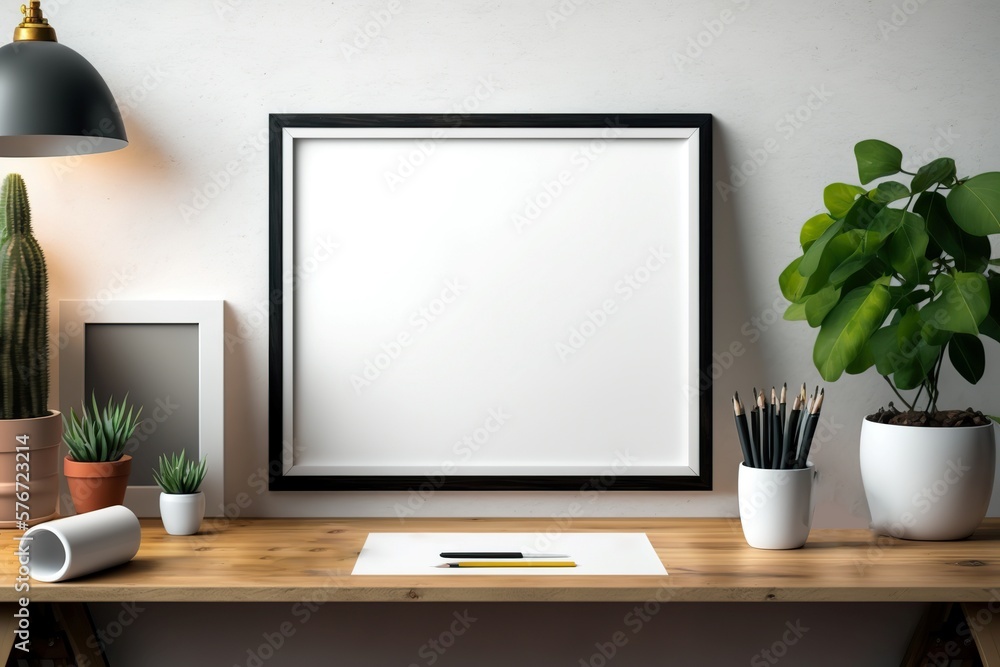 Minimalist workspace with a poster frame mockup on the desk, Generative AI Minimalist workspace with a poster frame mockup on the desk, Generative AI