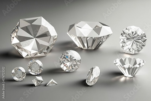 Several very proportionate diamonds of different cuts  on a table  photo taken from above  ultra white background