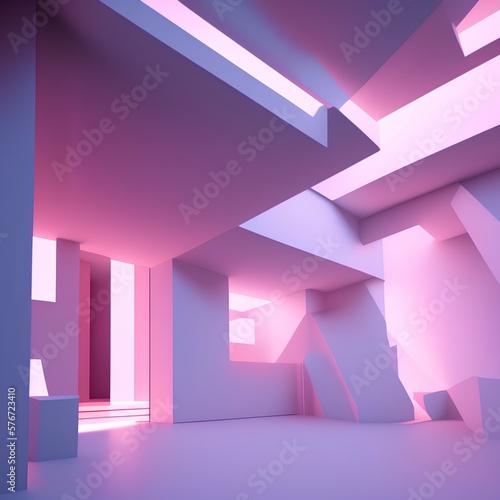 Abstract architectural concrete interior of a minimalist house with color gradient neon lighting. 3D illustration and rendering - generative ai