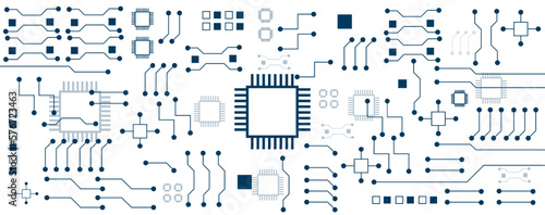 Blue circuit electronic or electrical line circuit board with element engineering technology concept vector white background