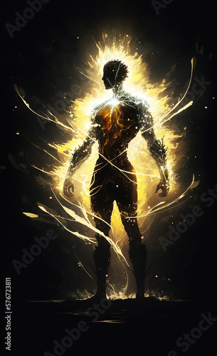 luminous human being in flames on black background