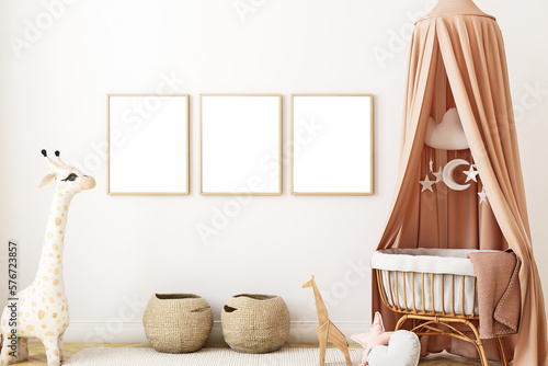 Mock up poster frame in nursery room, 3D rendering photo