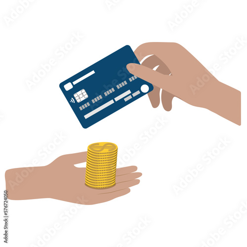 Hands with bank card and stacks of golden dollar coins. The concept of saving money, savings, digital money, replenishing a bank account