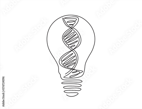 One continuous line drawing of  light bulb idea and DNA inside, Chemistry and science education concept