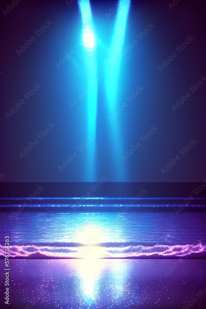 Abstract dark futuristic background. Neon rays of light are reflected from the water. Background of empty stage show, beach party. 3d illustration - generative ai