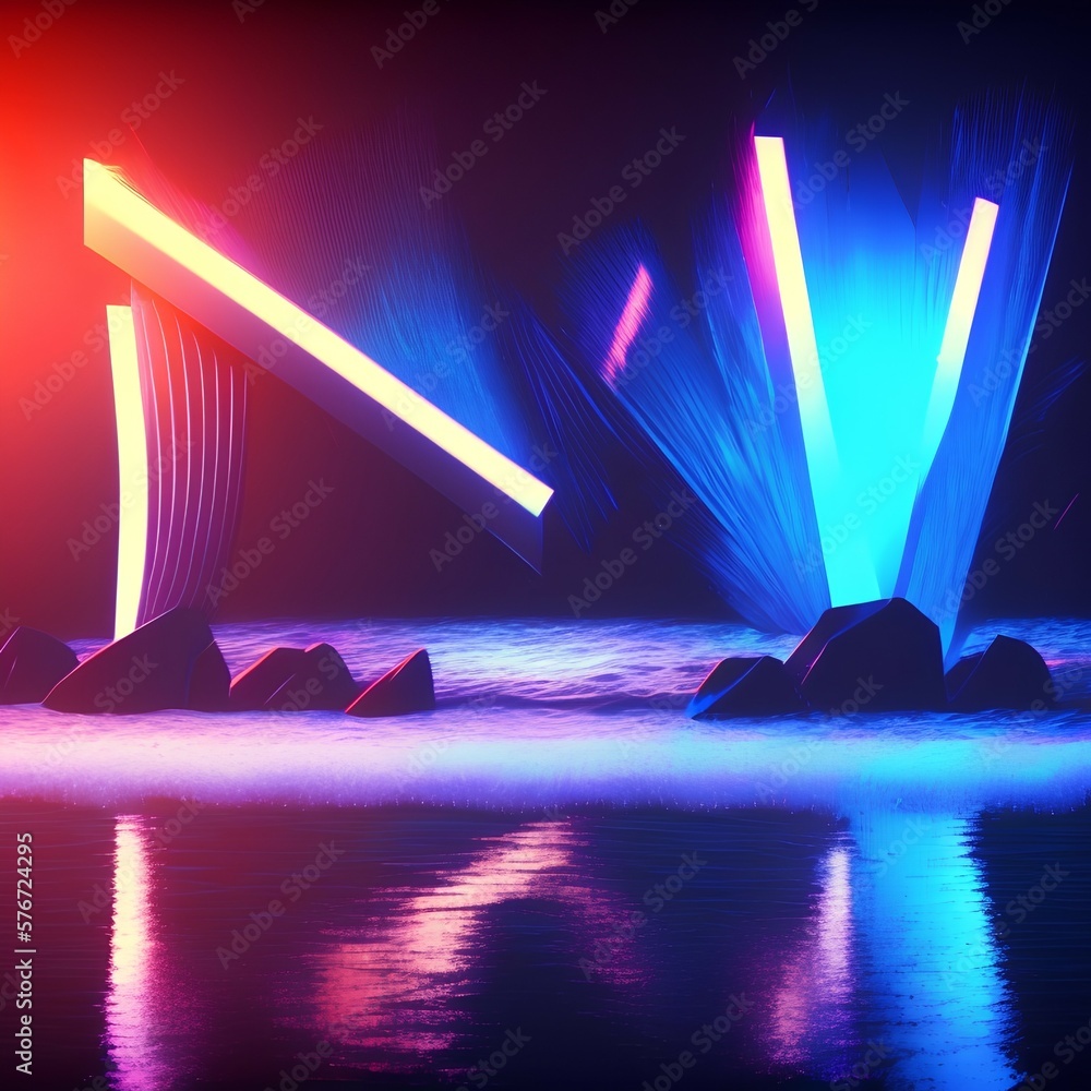 Abstract dark futuristic background. Neon rays of light are reflected from the water. Background of empty stage show, beach party. 3d illustration - generative ai