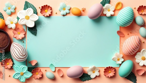 Easter holiday background. Easter eggs illustration backdrop with copy space. Generative AI