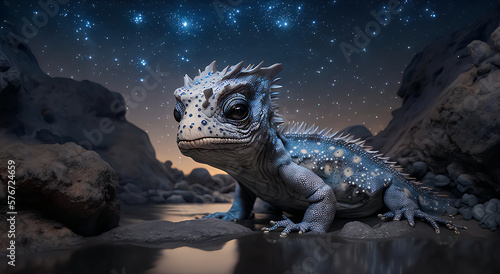 Beautiful cute little dragon on a stone near the water, against the background of the starry sky generative ai 