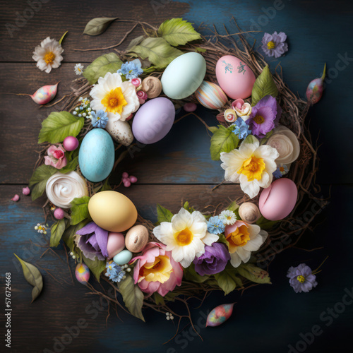 Easter decoration, wreath of flowers and Easter eggs on wooden table, Generative AI