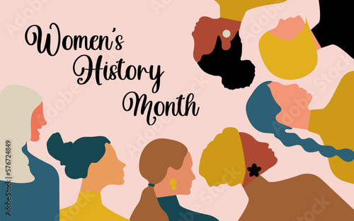Women's History Month. Women of different ages, nationalities and religions come together. Pink horizontal poster. Vector.