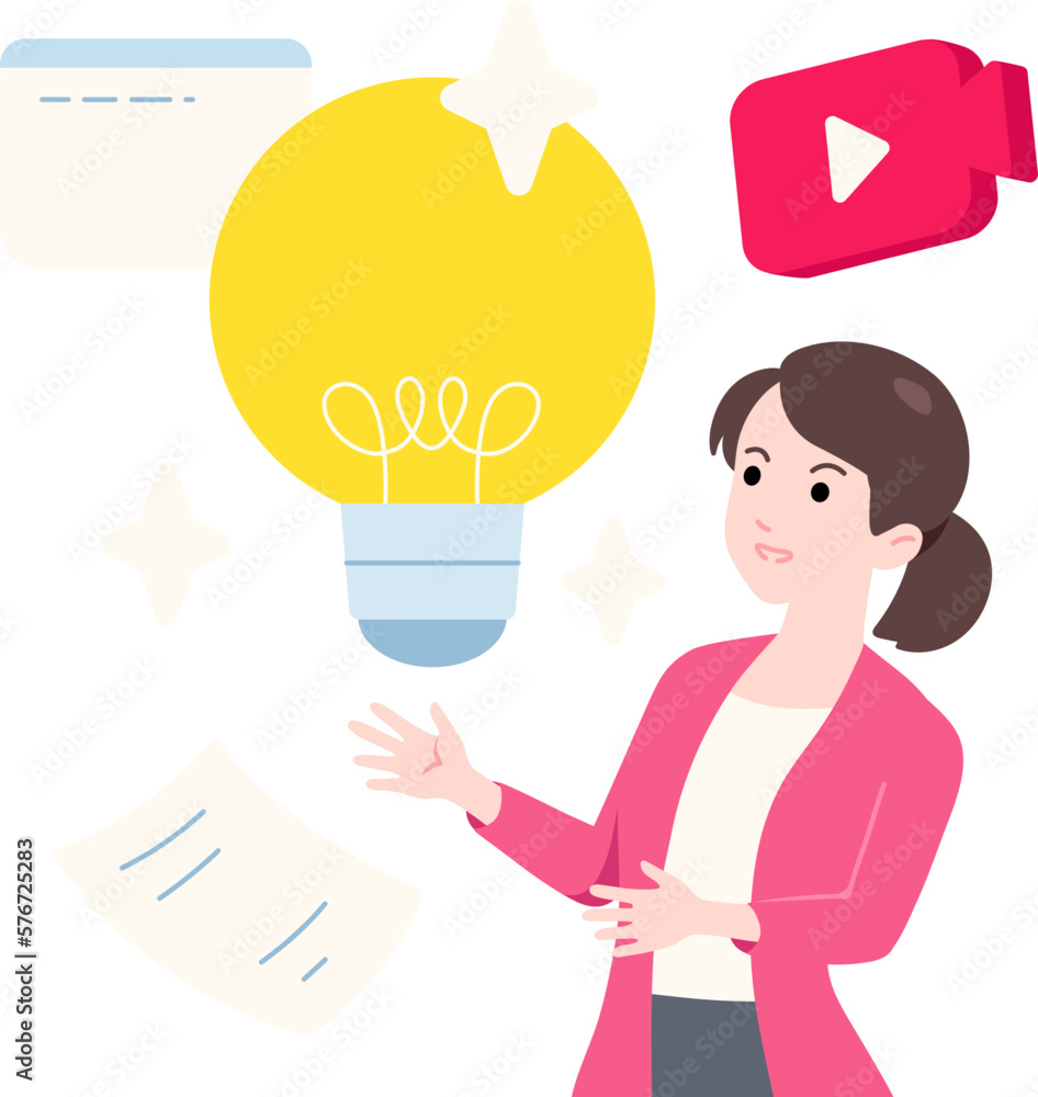 Female Entrepreneur View Light bulb Idea for Marketing with Icon Web Video Media and paper Scene Concept Flat Female Entrepreneur View Light bulb Idea for Marketing with Icon Web Video Media and paper Scene Concept Flat