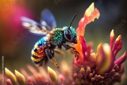 macro photo of a cute bee landing on a multicoloured vibrant flower © OLKS_AI