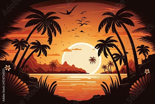 Sun setting over a tropical island. Generative AI