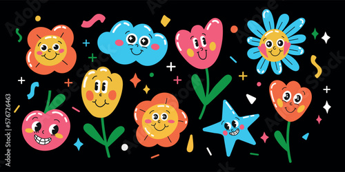 Vector set of illustrations of vintage characters of the classic retro cartoon style of the 30s. Abstract vector set of crazy cartoons in a trendy retro comics style